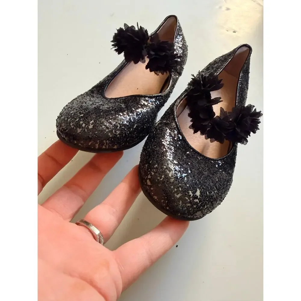 Chasing Fireflies Black Sparkle Heels with Flower Strap